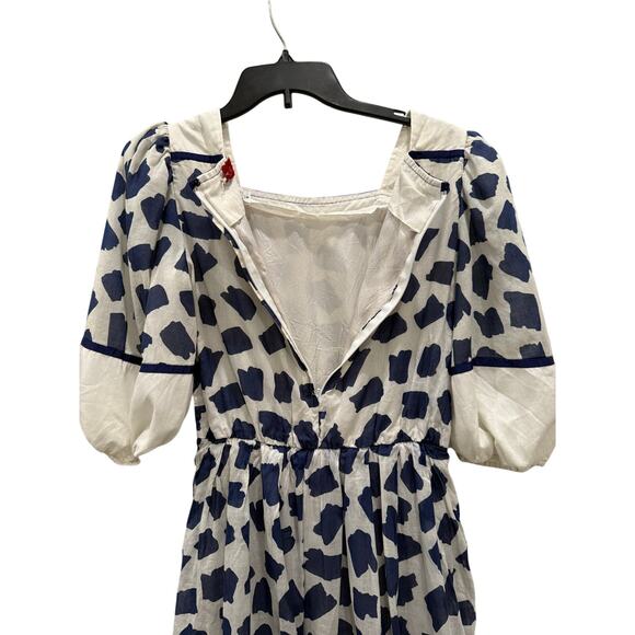 Vtg Richard Warren Blue White Splotch Print Puff Sleeve Midi Dress M Coquette - Picture 7 of 7